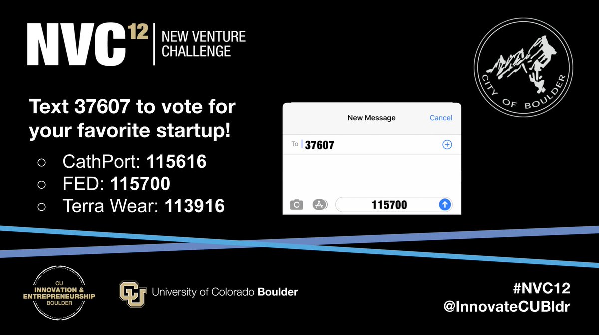 InnovateCUBldr's tweet photo. *The judges have left the chat.* JK, it's time for an #NVC12 deliberation! Now it's YOUR turn to be the judge & vote for our Audience Choice Award! Watch all 3 videos & text the # below for the team you want to win $1,000 to 37607:
CathPort: 115616
FED: 115700
Terra Wear: 113916 https://t.co/ee8gNe4eIM