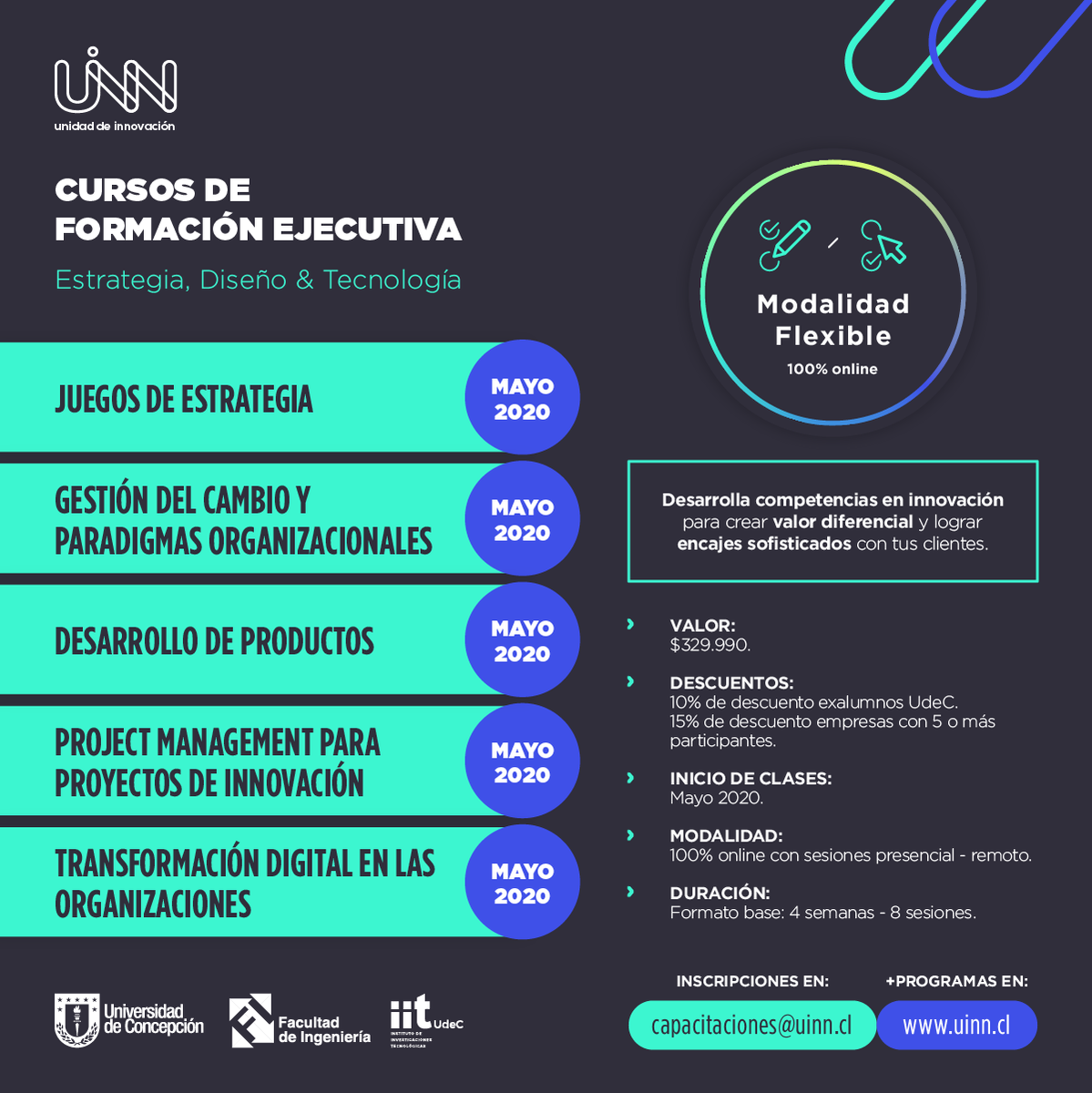 UINNUdeC's tweet photo. Aprende, desarrolla competencias y prepara tu organización para innovar a través de nuestra oferta de cursos flexibles de formación ejecutiva en estrategia, diseño y tecnología con tecnología 100% en línea. Revisa nuestra oferta en el siguiente enlace: 
https://t.co/vByDw9J2Pl https://t.co/TglDkTdKAE
