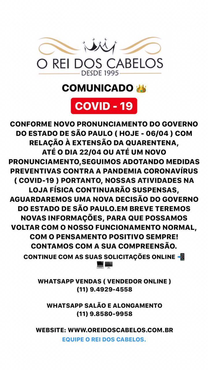 oreidoscabelos's tweet photo. Cuidem-se meus amores ❤️ #ficaemcasa #quarentena
#oreidoscabelos #Megahair 
#ONLINE 
Instagram: @oreidoscabelos 
Facebook: O REI DOS CABELOS OFICIAL https://t.co/c2r51n9y3C 🌐
WhatsApp Vendas 1194929-4558 (Enviamos para todo o Brasil ) WhatsApp Salão e Alongamento 1198580-9958 https://t.co/7vZnnrlSEE