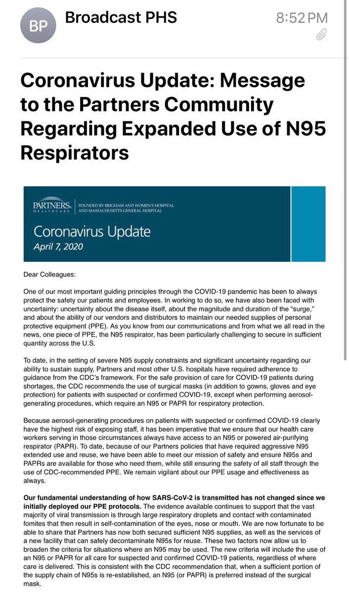 skathire's tweet photo. As of 20 min ago, @MassGeneralNews policy was surgical mask for healthcare workers caring for COVID-19+ patients. 

Now, policy change to N95 respirators. 

👇🏽

Thank you for the move. 

Unfortunate that @CDCgov guidance based on PPE supply rather than what’s optimal. https://t.co/fa5zsojY5r