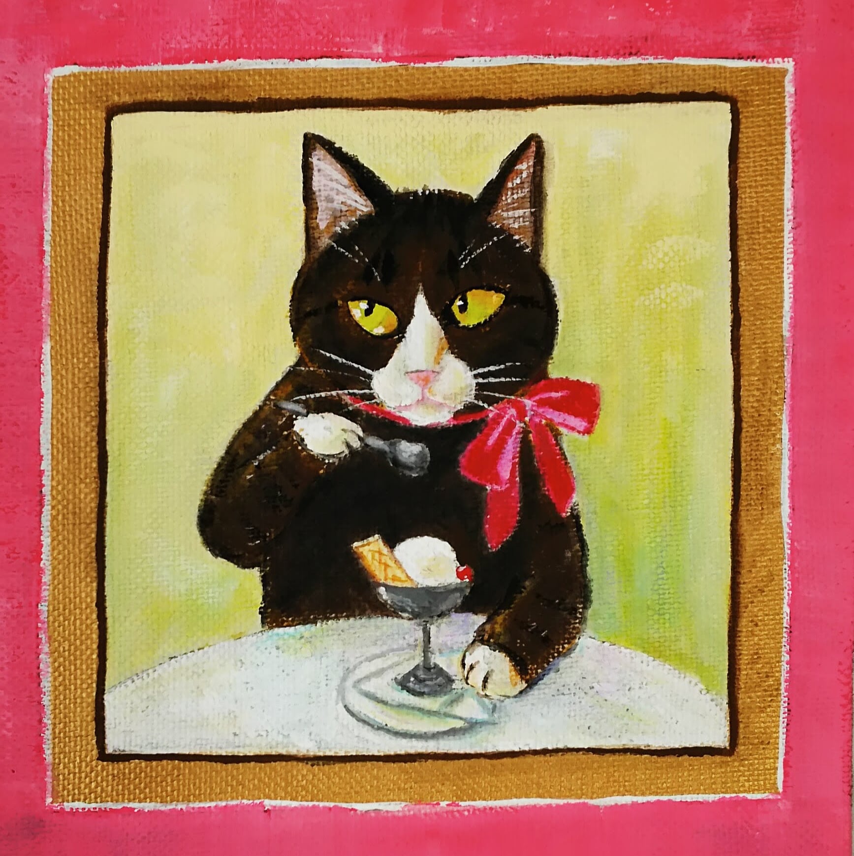 しっぽアート のまひろこ 暖かくなるとアイスクリーム食べたくなるの バニラが好き ウエハスは後から食べるの アクリル画 猫の絵 アイスクリーム 猫 動物 絵画 イラスト バニラ T Co Qrlxkkg35d Twitter