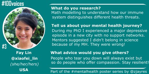 #3. Mental health advocate Fay Lin ( @xiaofei_lin) talks about the  #Mentalhealth   impact of moving to a new place for study with no support network. She also touches on the importance of good mentorship and that the toll lack of support can take on MH.  #100voices  #AcademicChatter
