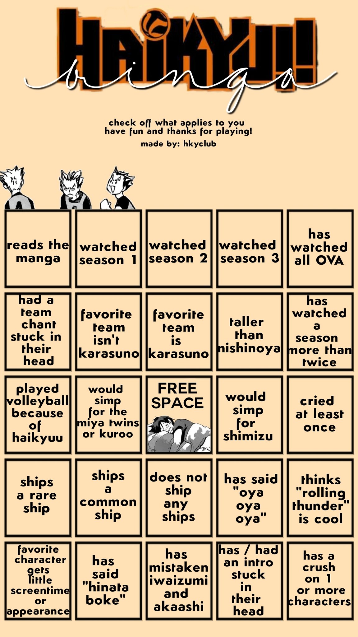 haikyuu in 2023  Haikyuu, Bingo, Bingo template