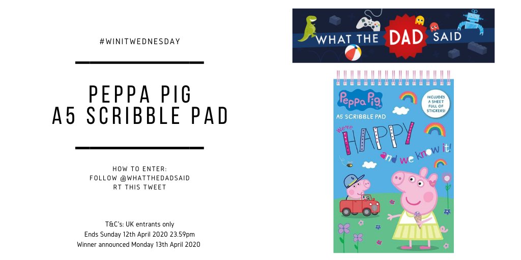 WhatTheDadSaid's tweet image. [AD-GIFTED] Time for #WinItWednesday!

* Follow @whatthedadsaid &amp;amp; RT to win a Peppa Pig A5 Scribble Pad amzn.to/2QHUrHK [AFF]
* Ends Sunday 12th April 2020 (23.59pm)
* UK entrants only

Full T&amp;amp;C's: bit.ly/32WL76J