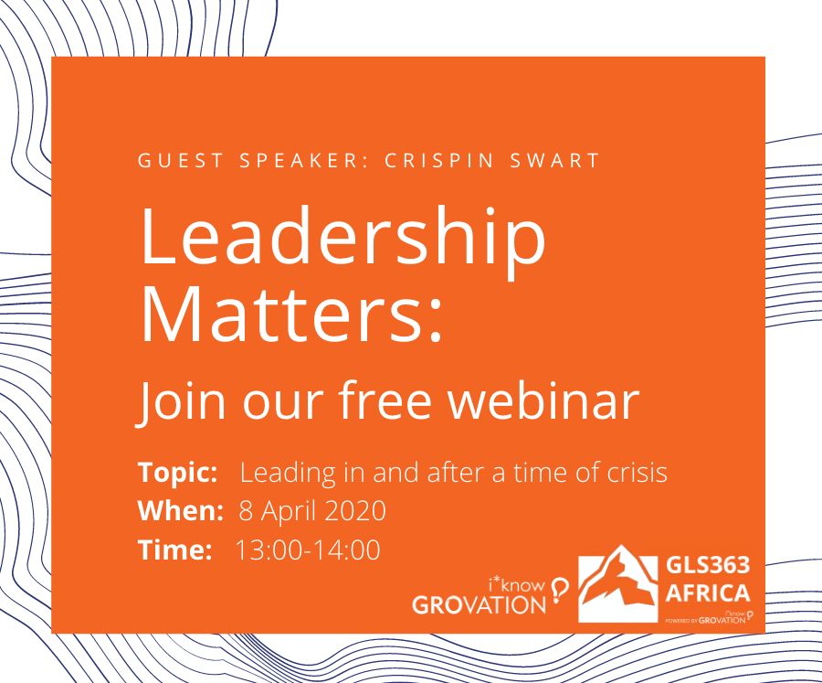 grovation's tweet image. Only 13 spots left for our "Leading in and after a time of crisis" webinar at 13:00 today.  Save your spot now to listen to Crispin Swart!

#leadersinatimeofcrisis #leadshipmatters #lockdown #COVID19 #coronavirus