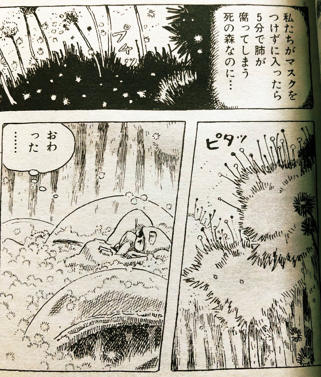 井口エリ ちぷたそ 風の谷のナウシカ読み返しはじめたんだけどコロナの今読むと胸にくる あとナウシカ腐海で胞子に埋もれてるがこれ谷に戻って農作物本当に大丈夫なのか この後ユパ様と再会の抱擁してるし 濃厚接触者じゃん とか今まで気になら