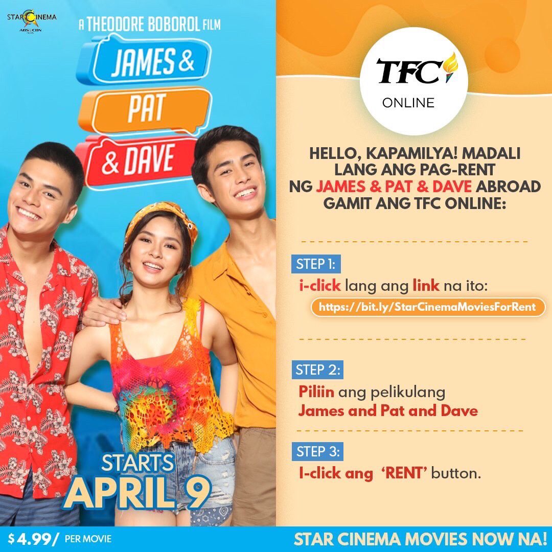 JPDmovie's tweet photo. Mapapanood niyo na simula bukas, April 9, ang #JamesAndPatAndDave sa iWant, KBO, TFC, Sky Cable at Sky Direct. 💙💛💜 @iamAndalioLoisa @iamr2alonte @donnypangilinan @StarCinema @micodelrosario @TheodoreBoborol 

🔸 See posters for more details 🔸 https://t.co/GnzzkdrKLQ