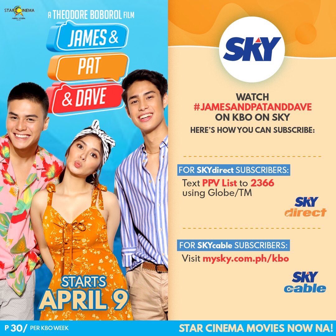 JPDmovie's tweet photo. Mapapanood niyo na simula bukas, April 9, ang #JamesAndPatAndDave sa iWant, KBO, TFC, Sky Cable at Sky Direct. 💙💛💜 @iamAndalioLoisa @iamr2alonte @donnypangilinan @StarCinema @micodelrosario @TheodoreBoborol 

🔸 See posters for more details 🔸 https://t.co/GnzzkdrKLQ