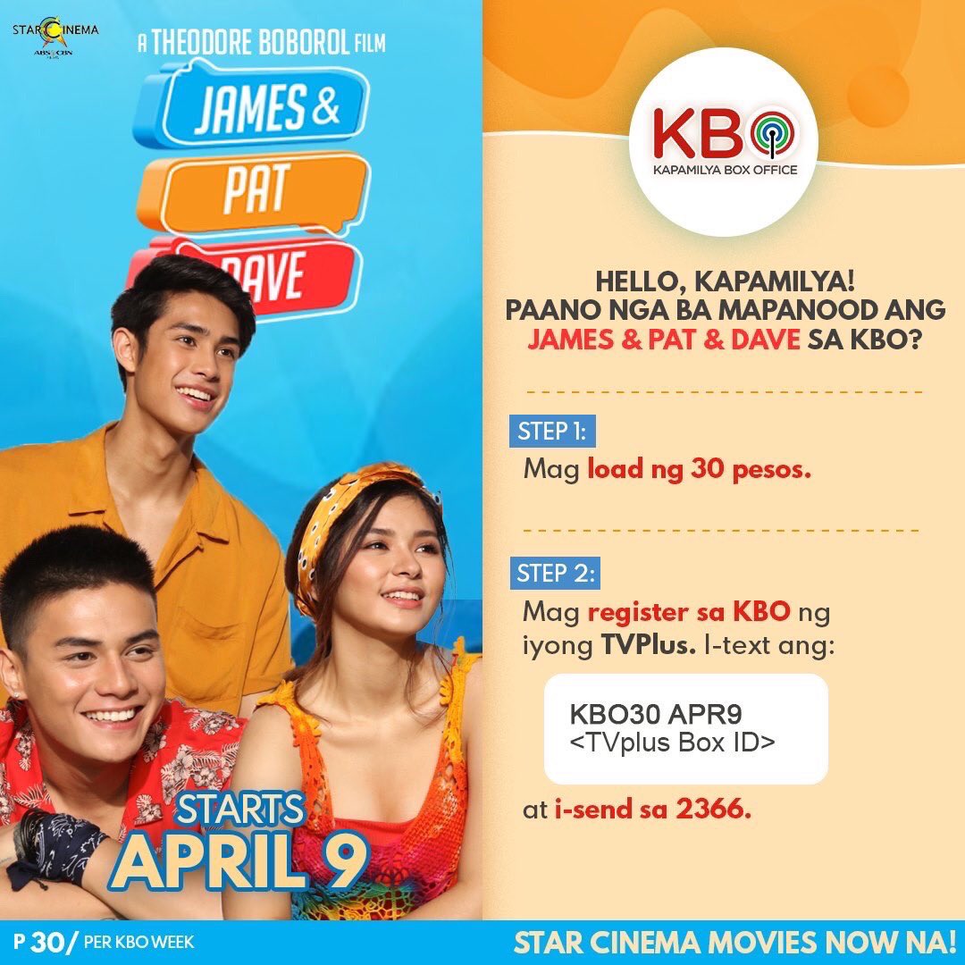 JPDmovie's tweet photo. Mapapanood niyo na simula bukas, April 9, ang #JamesAndPatAndDave sa iWant, KBO, TFC, Sky Cable at Sky Direct. 💙💛💜 @iamAndalioLoisa @iamr2alonte @donnypangilinan @StarCinema @micodelrosario @TheodoreBoborol 

🔸 See posters for more details 🔸 https://t.co/GnzzkdrKLQ