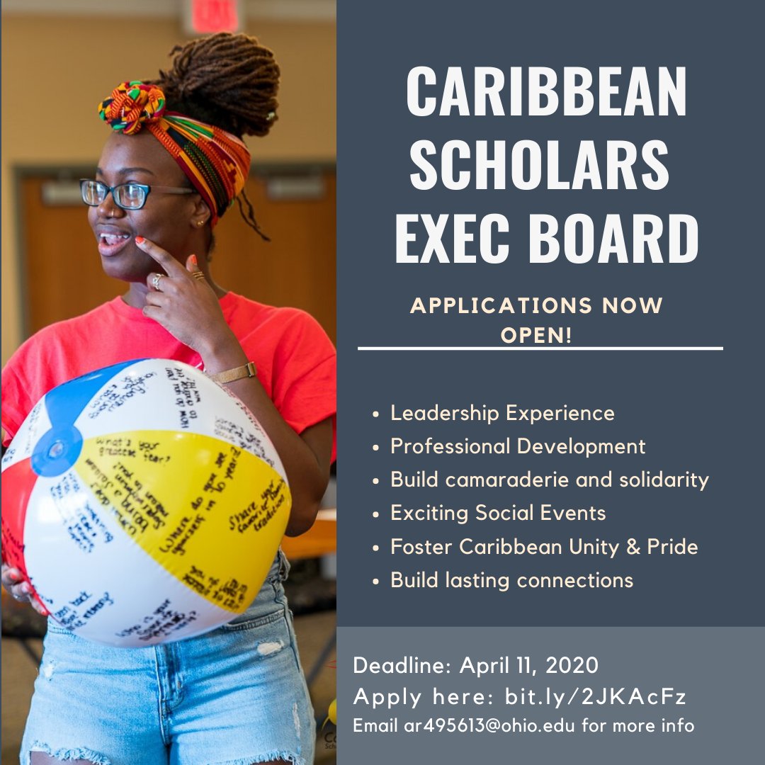 CaribbeanBobcat's tweet photo. Applications are still open for our Exec Board 2020-2021. This is a great opportunity to be part of a dynamic team, gain leadership experience while building your network, oh and have some fun too! Apply here https://t.co/G23VOZIpj8  DM for more info. Plz RT #CaribbeanPride https://t.co/YFbh0ZCdw4