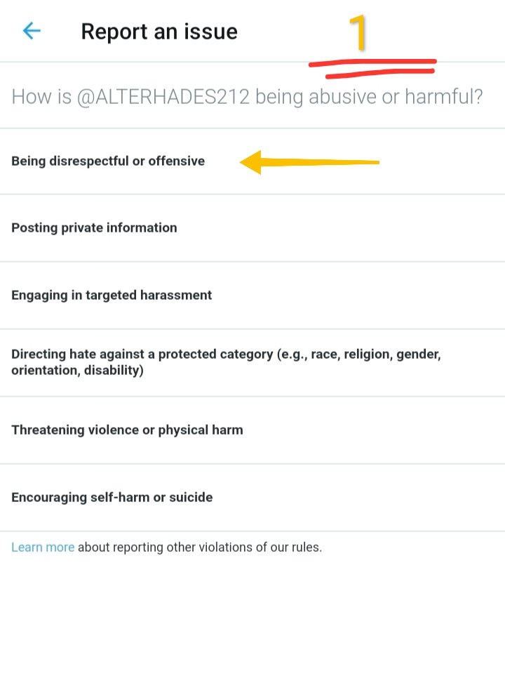 4. Fourth, "1" - "Their Tweets are abusive or hateful"After pressing that, you will be presented with this.Press "Being disrespectful or offensive".