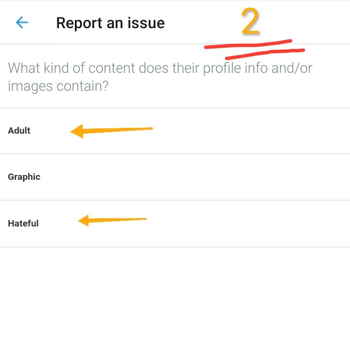 4. Fourth, "2" - "Their profile info and/or images include abusive or hateful content"After pressing that, you will be presented with this. Again, you can report the account again and choose to report with one of these indicated.
