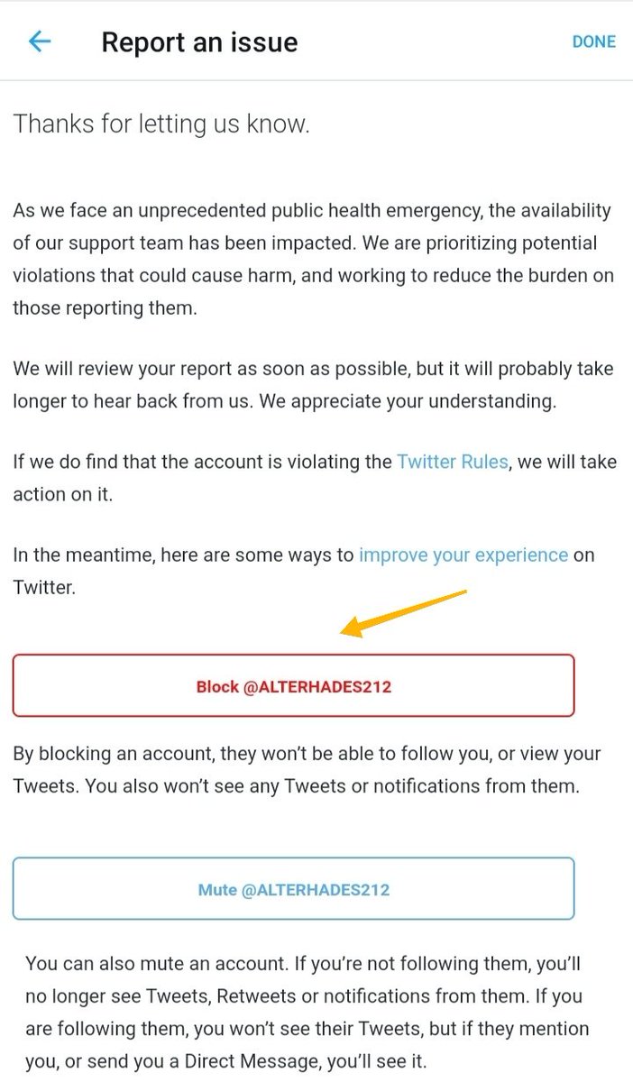 5. Fifth, After reporting the account, you can mute or block the account, if you will be reporting again, do not block the account first, you can press done and repeat the said steps of reporting. I recommend blocking the account.
