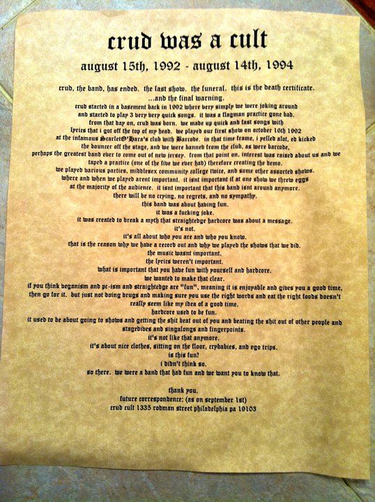 JLPisJLPisJLP's tweet photo. #CrudIsACult manifesto "I yelled a lot, Ed kicked the bouncer off the stage,and we were banned from the club,as were barcode, perhaps the greatest band ever to come out of New Jersey. 
There will be no crying, no regrets and no sympathy. 
Hardcore used to be fun."#RODDAY!
#RIPSPM https://t.co/iG6dCfm4nW