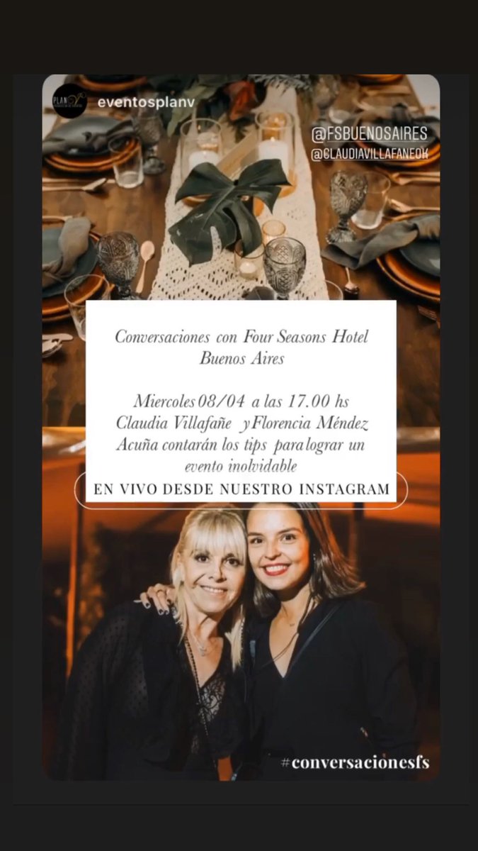 FSBuenosAires's tweet photo. Conversaciones Instagram Vivo en Four Seasons Hotel Buenos Aires. Te esperamos Miercoles 8 de Abril, 17 hs, para compartir con Claudia Villafañe y Florencia Mendez Acuña de @EventosPlanV Nos darán los tips para un evento soñado...porque queremos seguir soñando! https://t.co/CKsqXuHyRR
