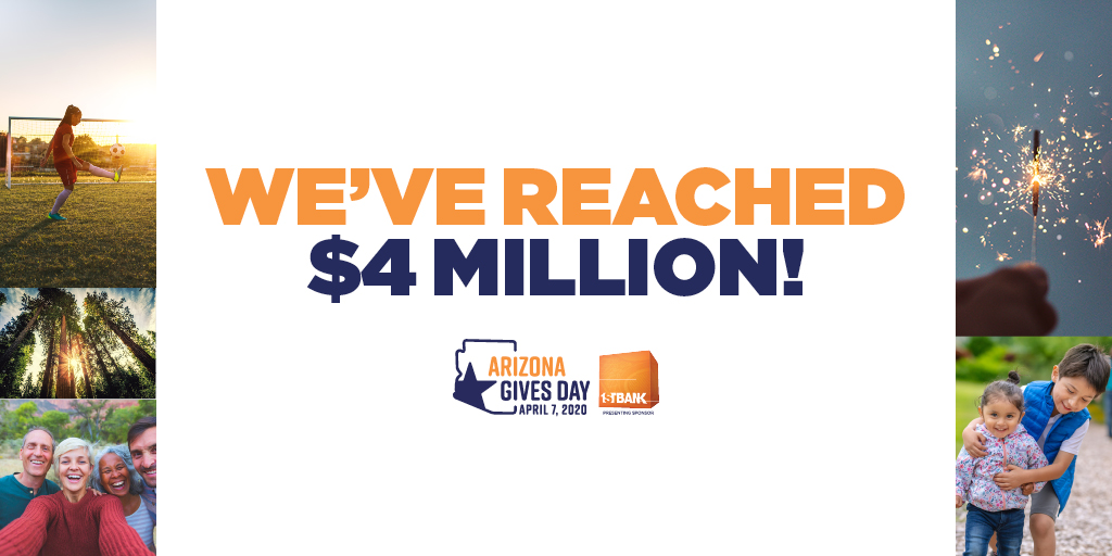azgives's tweet photo. And just like that, you helped us set a new #AZGivesDay record! Thank you! We just hit $4 million in donations and there’s still time left to participate. Donate now and support Arizona nonprofits! 🏜🌻 https://t.co/ODsvEAy7PM https://t.co/WOmvfSIApF