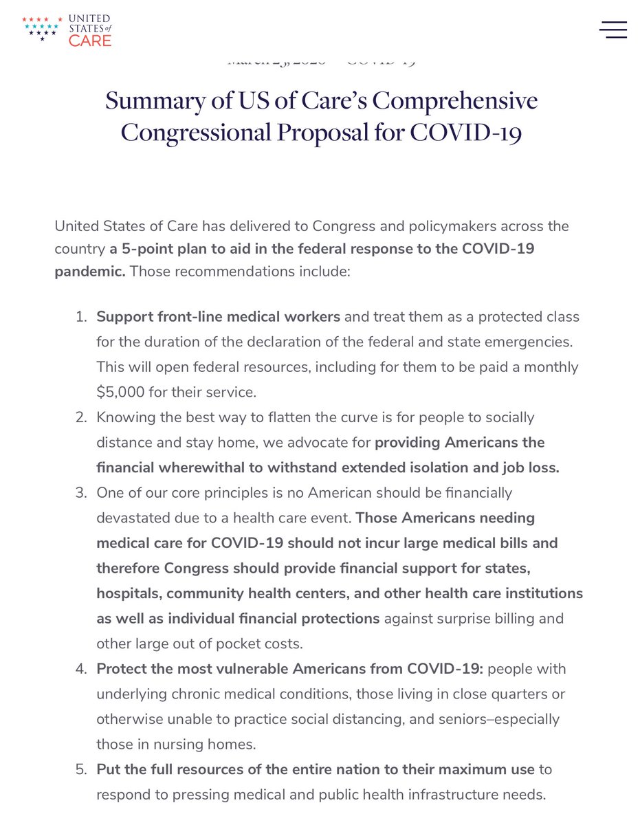For my part, I covered the 5 things Congress should prioritize right now. It‘s consistent with Scott’s view of the world but talks about the specific details that Congress should act on.There are comprehensive details at  http://www.usofcare.org . 13/