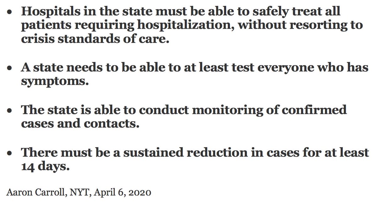 7/ I liked  @aaroncarroll’s piece  @nytimes  https://nyti.ms/2USmnLB  on when we’ll know we’re ready for Phase 2 (it draws heavily on @ScottGolleibMD’s  @AEI report  https://bit.ly/2WStSDr ). Bottom line: we’ll be ready for next phase when we can pass four key tests (below):