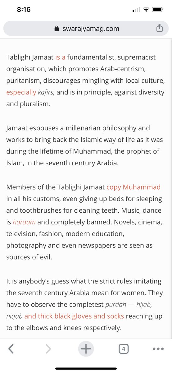 Great piece on the ideological origins of  #TablighiJamat a fundamentalist, supremacist organisation, which promotes Arab-centrism, puritanism, discourages mingling with local culture, especially kafirs, and is in principle, against diversity and pluralism.  https://swarajyamag.com/politics/will-tablighi-jamaat-members-not-molest-women-because-they-are-religious-lets-examine-this-question