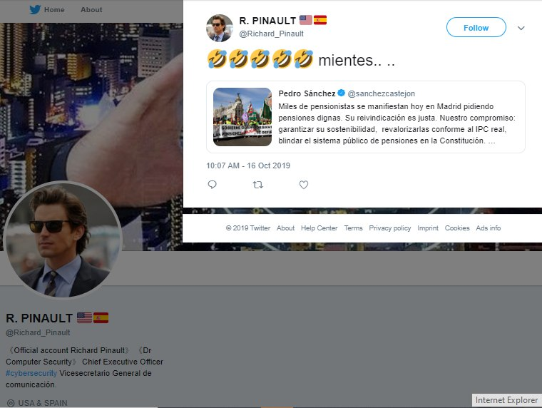 Usamos WM para ver tuits borrados y encontramos siempre con la etiqueta ciberseguridad:- Feb 2017 CEO  @Cyber_Spain - Oct 2019 ViceSecr. Comunicación (se entiende que del PP - trabaja con Pablo Casado)- Hasta Agosto 2017 solo tuitea tecnología en inglés https://web.archive.org/web/*/https://twitter.com/Richard_Pinault/*