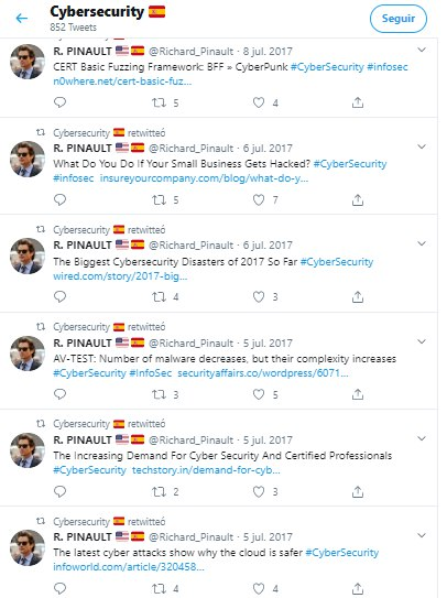Usamos WM para ver tuits borrados y encontramos siempre con la etiqueta ciberseguridad:- Feb 2017 CEO  @Cyber_Spain - Oct 2019 ViceSecr. Comunicación (se entiende que del PP - trabaja con Pablo Casado)- Hasta Agosto 2017 solo tuitea tecnología en inglés https://web.archive.org/web/*/https://twitter.com/Richard_Pinault/*