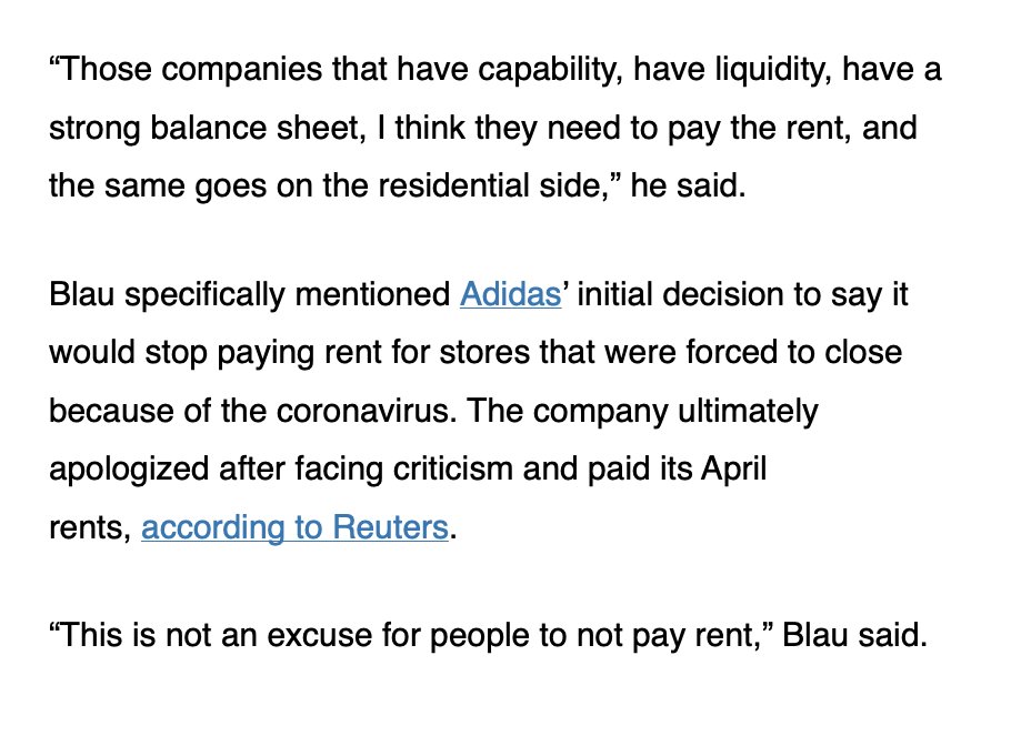 4. In the interview he says that so-far, in April, 88% of residential tenants have paid their rent; 95% of commercial tenants have paid; and 26% of retail tenants have paid. Blau is clear, if you have the ability as a tenant, you must pay.