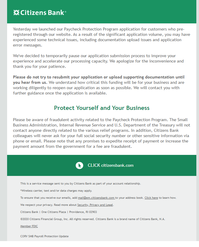 kazankota's tweet photo. @CitizensBank just screwed a lot of peopl. My PPP application was accepted, under review, and I got My appl;ication ID and portal link today. And then they sent this https://t.co/lsn88fiGEq
