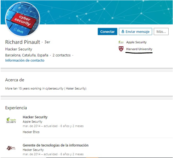 Mirando su Linkedin refuerza que trabajara con Pablo Casado ya que estudió en Harvard tb. A partir de aquí es cuando viene lo más sorprendente. Richard aparece como Hacker security de Microsoft y gerente de Hacker Security con 14 trabajadores brasileños sin fotos.