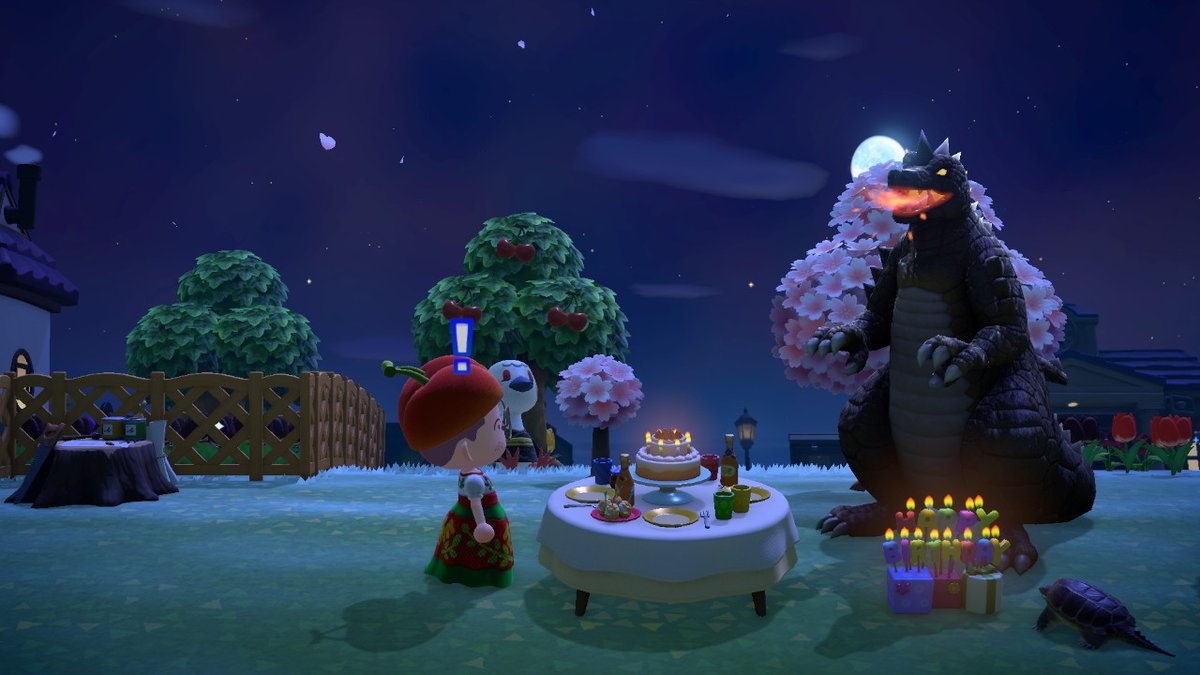Bonelessconnus's tweet photo. Godzilla, you're supposed to blow out Birthday candles, not light them! #AnimalCrossing #ACNH #NintendoSwitch https://t.co/kGXdPhwOgT