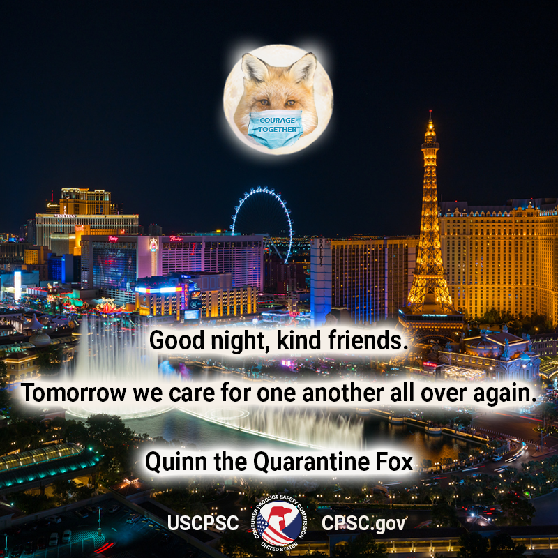 A fox in the moon over Las Vegas. The text reads Good night, kind friends. Tomorrow we care for one another all over again. - Quinn the Quarantine Fox