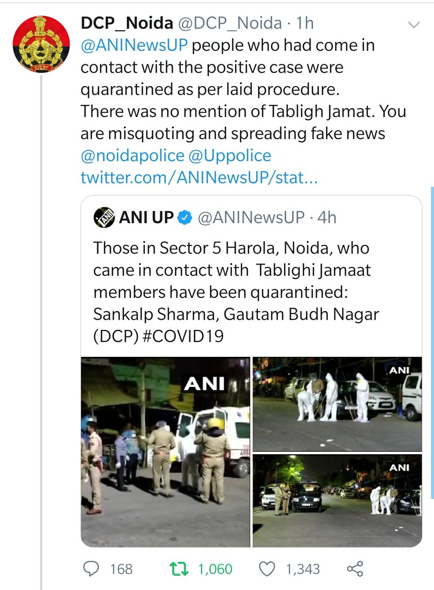 5- @ANINewsUP  @smitaprakash  @AMISHDEVGAN Shared a Fake News Targeting  #TabligiJamat.Later it is debunked by  @DCP_Noida .