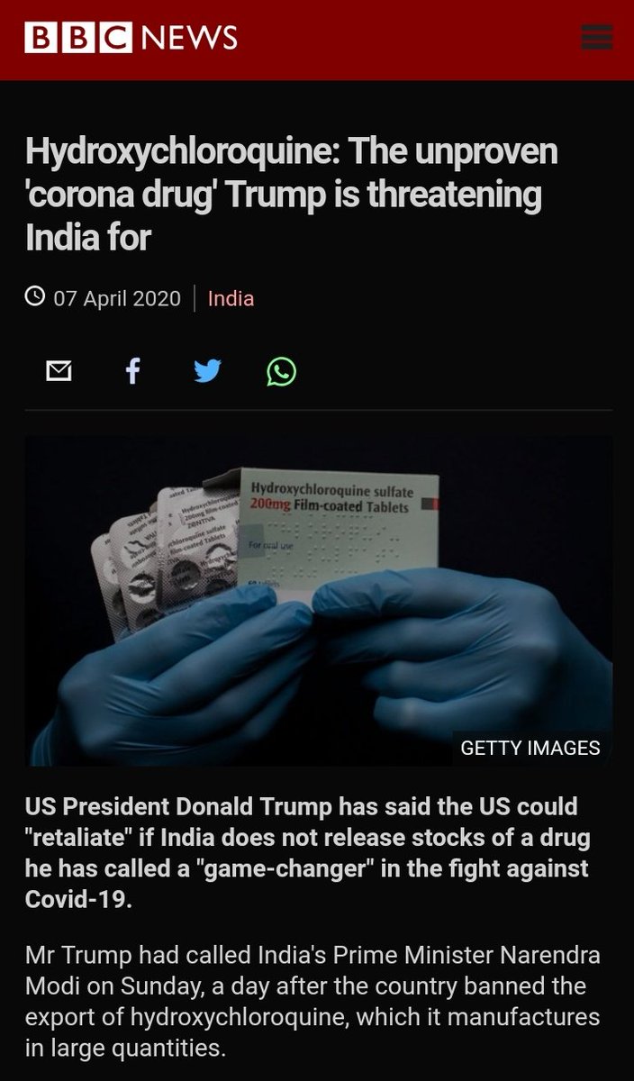 BBC: Hydroxychloroquine: The unproven 'corona drug' Trump is threatening India for