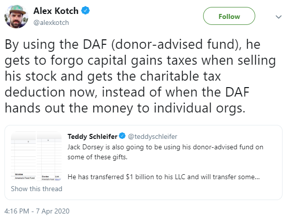 holy shit it's even worse than I thought. jack's donation *to himself* is a tax evading con-job, and the the entire media is heaping lavish praise on him for it