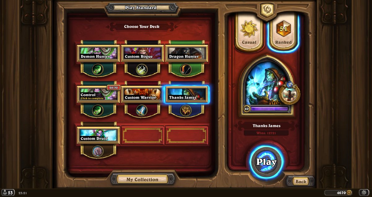 So while everyone is playing Demon Hunter,  I stuck with my shaman and got close to top rank 50. Its <a href="/JambreHS/">James Brennan</a> Gala Evolve shaman list, but I decided to add Evil totem over  Novice