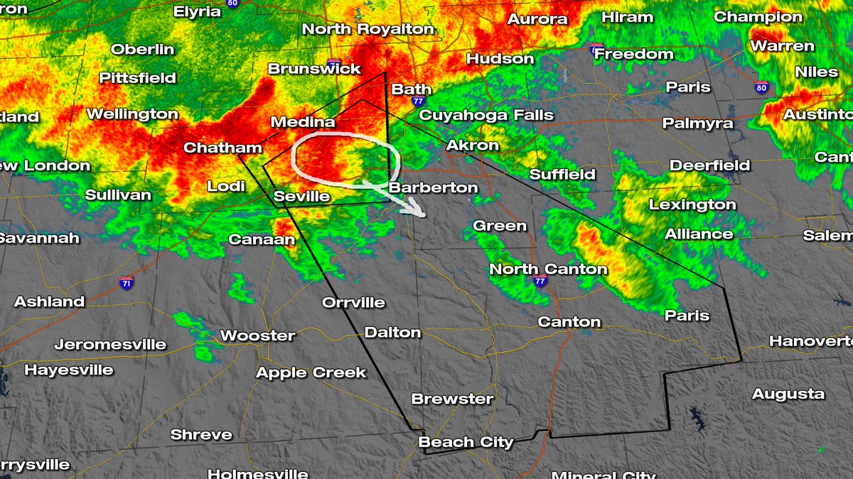WeatherNation's tweet photo. A TORNADO WARNING has been issued for several counties in Ohio until 12:30 AM ET for a possible tornado just south of Medina that is also producing winds over 70 mph.  This gustnado could still cause significant damage.  Seek shelter if in the path!  #ohwx https://t.co/NVgJLjsXY1