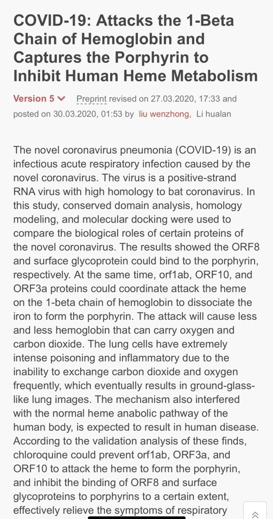 COVID-19 attacks the 1-Beta Chain of Hemoglobin and Captures the Porphyrin to Inhibit Human Heme Metabolism https://chemrxiv.org/articles/COVID-19_Disease_ORF8_and_Surface_Glycoprotein_Inhibit_Heme_Metabolism_by_Binding_to_Porphyrin/11938173