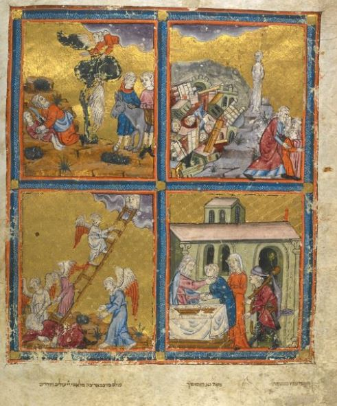 British Library Add MS 27210, made in Catalonia, 1320-1330, is also known as the Golden Haggadah. It also has a Biblical story cycle, (aka a medieval comic book). As with many of these wonderful mss, the whole thing is online, thanks to  @BL_HebrewMSS  http://www.bl.uk/manuscripts/Viewer.aspx?ref=add_ms_27210_f001r