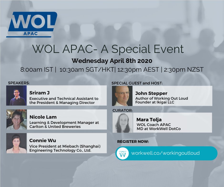 wolapac's tweet photo. Very happy to reveal our special guest
@ConnieW35674445
sharing the #WOLChina🇨🇳story with the #WOLAPAC community today.
Connie will join
@johnstepper 🇺🇸
@i_me_jsr 🇮🇳and,
Nicole Lam 🇦🇺
Still time to register for the free webinar: https://t.co/tU2ZbZQvJ1
#WorkingOutLoud #WOL https://t.co/GBWMQt8N4C