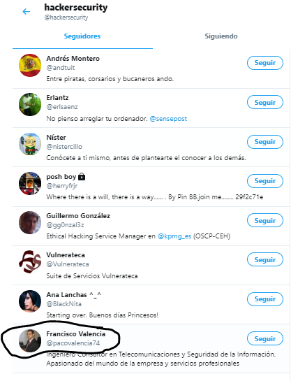 Las webs de HackerSecurity y vulnerateca están asociadas y tienen sus propias redes, creadas en 2012 y la única pista que nos deja es que el primer seguidor de  @hackersecurity es  @pacovalencia74 que automatiza publicaciones de facebook con contenido favorable a VOX.