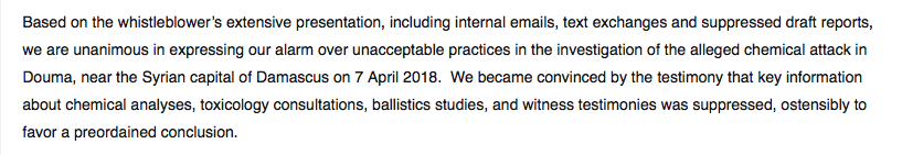 1) In October 2019 the  @couragefound convened a panel including Jose Bustani, the first Director General of the OPCW, which found that the investigation had been manipulated.  https://www.couragefound.org/2019/10/opcw-panel-statement