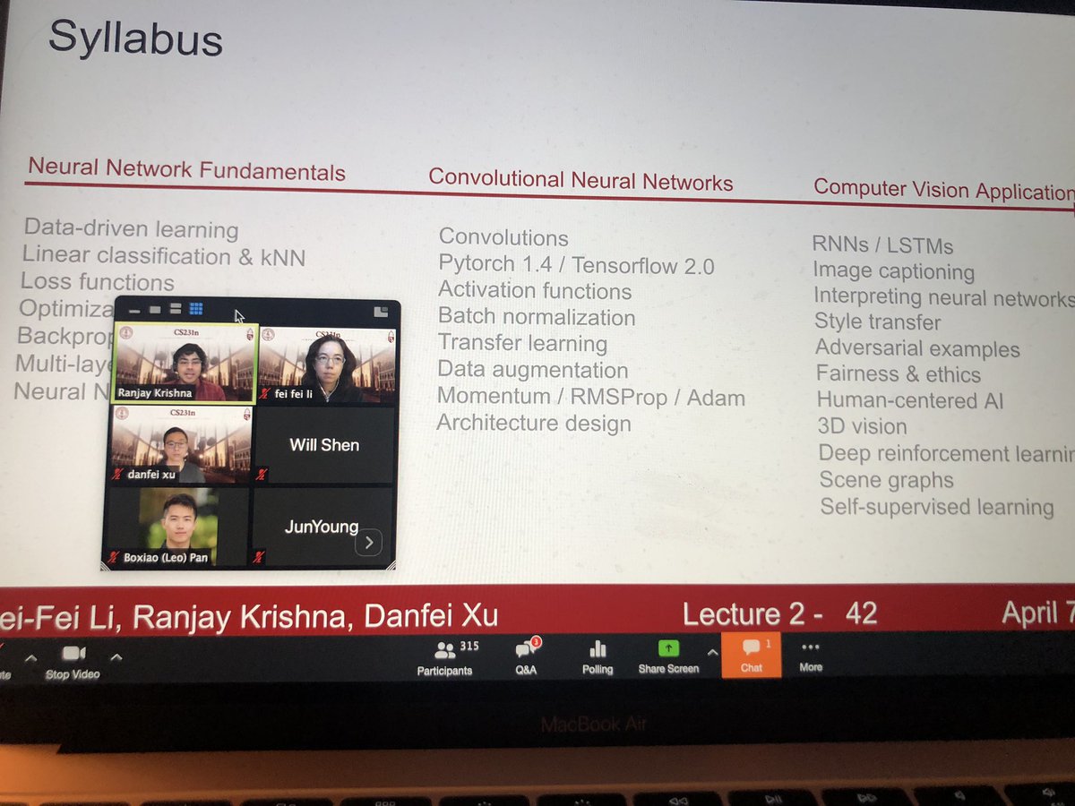 Survived Lecture 1 of <a href="/cs231n/">CS231N Staff</a> today, w/ ~400 students online, from Vietnam to NYC, London to Texas. 200 more will be watching the recording. Students, Thank you for doing your part for #SocialDistancing! And thank you for continuing to LEARN when even in trying times!