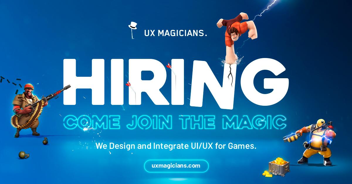 My friends <a href="/uxmagicians/">UX Magicians</a> are hiring! Full-time / Contract Remote work to start.

- Senior UI/UX Designers
- Unity / Unreal Front end engineers
- Motion Designers.
- 3D Artists

Send portfolio and resume to: contact@uxmagicians.comm

#gameart #gamedev #gamesindustry #unitydeveloper