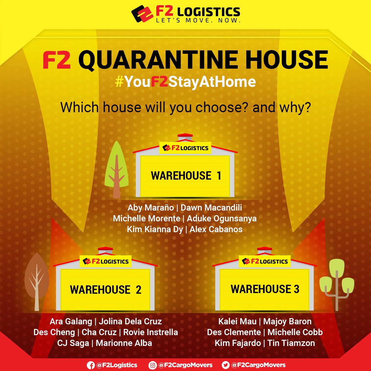 F2LogisticsPh's tweet photo. F2 Quarantine House
#YouF2StayAtHome 
Which house will you choose? And why?

Anong bahay kaya ang pinaka mabubusog at malinis?
Anong bahay ang maraming pasabog na games?
Anong bahay ang pinaka ma TikTok?
Anong bahay ang puro Netflix?
Anong bahay ang more fitness activities? 💛 https://t.co/1Xj73BhAcr