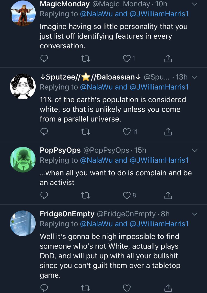 CW: racism, ableism, harassment These are old responses to my “stop putting racist/queerphobic tropes in your dnd game” thread but I’m posting these as a reminder to all my white cishet followers that queer BIMPOC deal with this kind of shit when we call out bigotry.