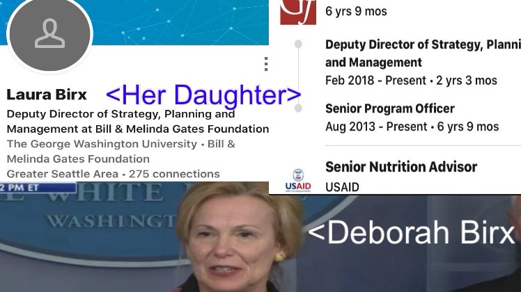 So Deborah Birx has a Daughter who works for the Gates Foundation AND was the head Nutritionist for get this US AIDWe know about this. So does 45 #SpotlightCuresVsVax1/3