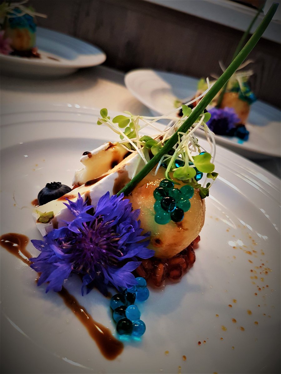 Caramelized Baby Pear, Camembert, Pomegranate &amp; Blue Curaçao pearls...