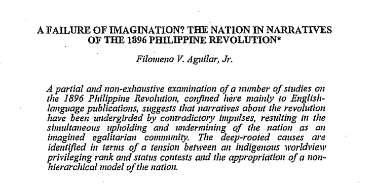 “A Failure of Imagination? The Nation in Narratives of the 1896 Philippine Revolution”by Filomeno V. Aguilar, Jr.(5/18) DM me for a PDF copy
