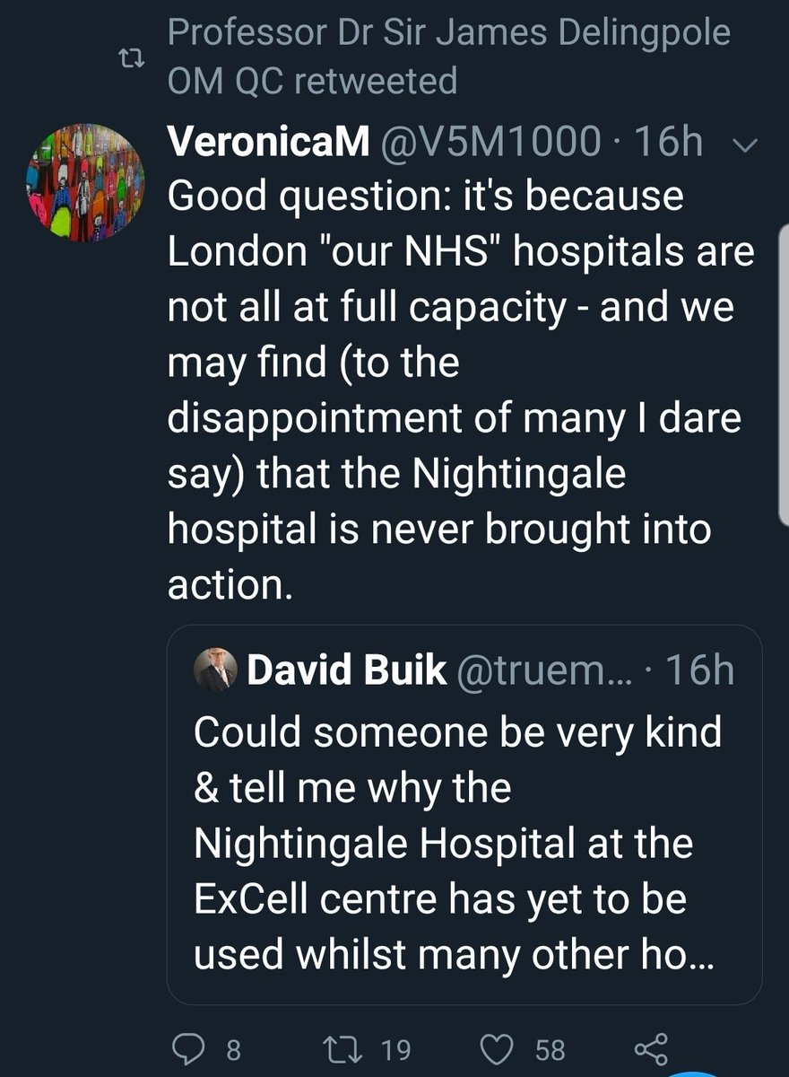 But still they keep going, even as the first patients arrive at the Nightingale. And when that fact is highlighted, there is of course an explanation. Veronica, who learns from Hitchens, gets retweeted by assorted twits. In this case, Delingpole.