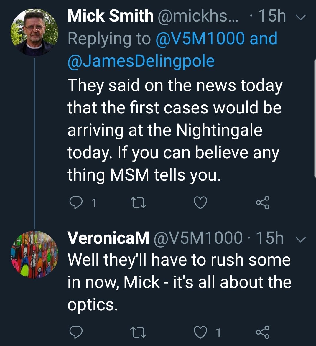 But still they keep going, even as the first patients arrive at the Nightingale. And when that fact is highlighted, there is of course an explanation. Veronica, who learns from Hitchens, gets retweeted by assorted twits. In this case, Delingpole.