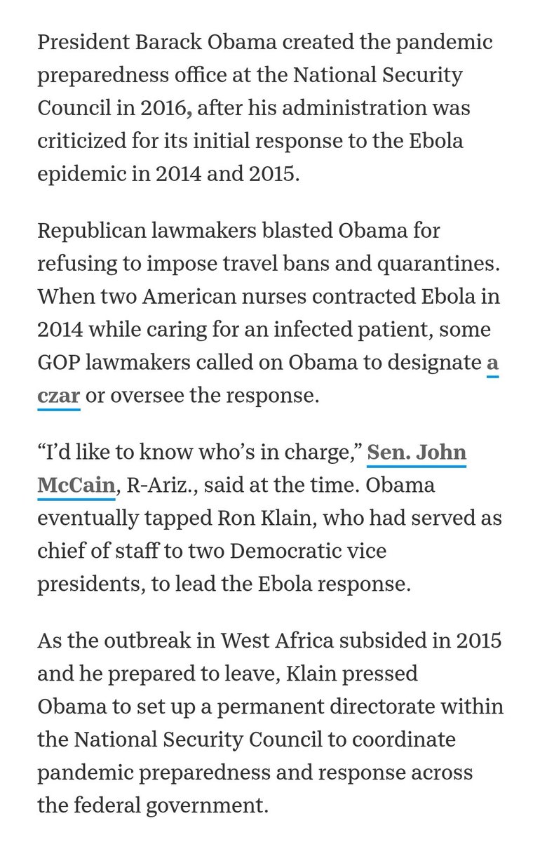 In May 2018, Trump's biodefense preparedness team warned that a flu pandemic was the country's NUMBER ONE security threat. What did the administration do? Slowly dismantle the global health security office. Obama began it after the Ebola outbreak it and made it permanent  #COVID19